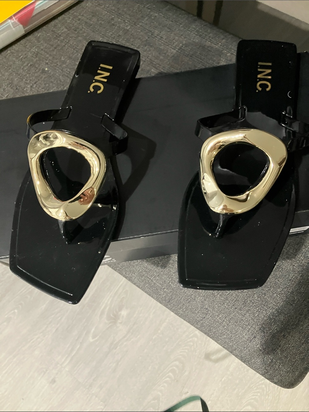 INC International Concepts Black Patent Thong Sandals with Gold Accent Ring